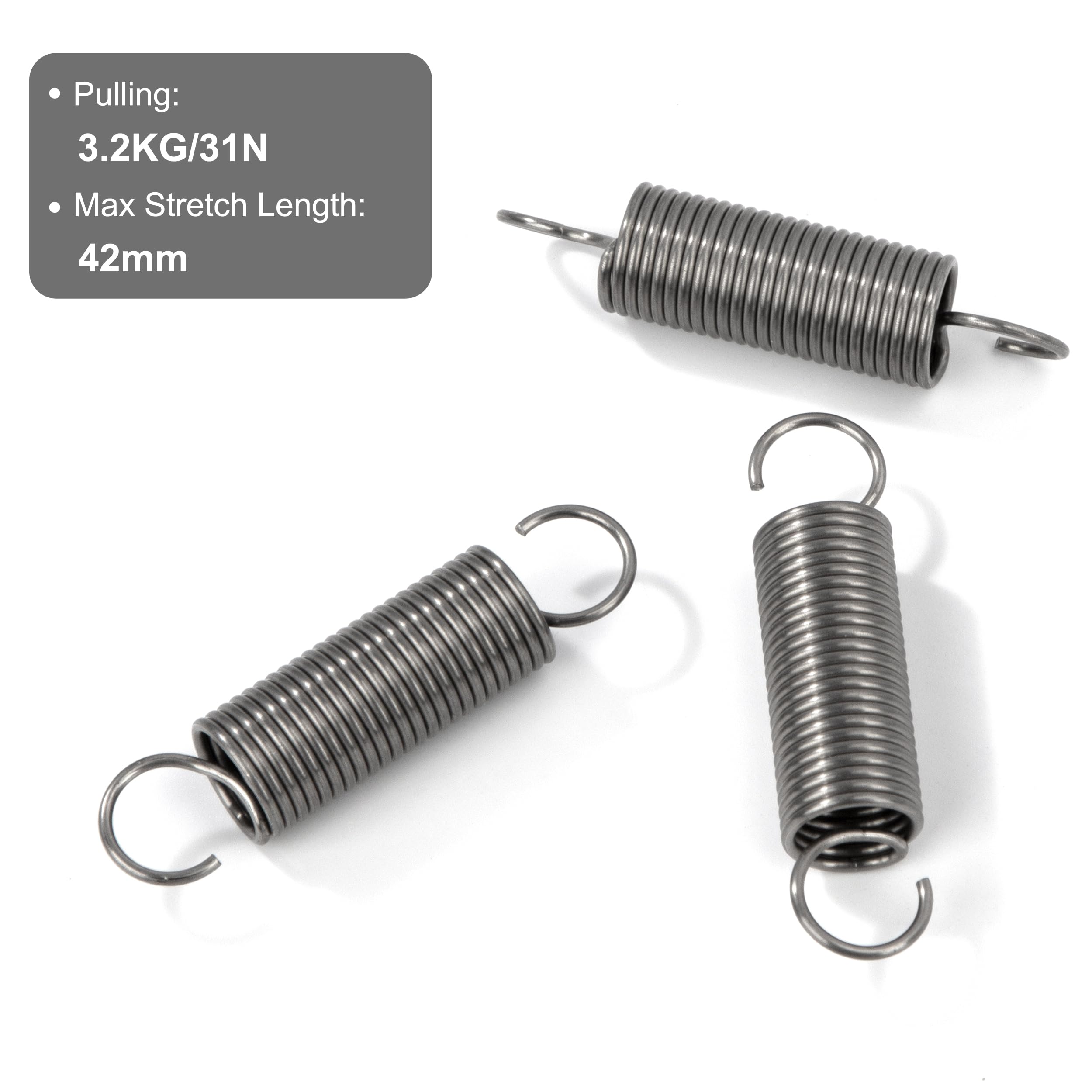 Sprężyny naciągowe z hakiem stal szlachetna sprężyna naciągowa 50 mm średnica zewnętrzna 12 mm średnica drutu 1,2 mm maksymalna siła ciągnąca 3,2 kg 1,2 x 12 x 50 mm 4 sztuki