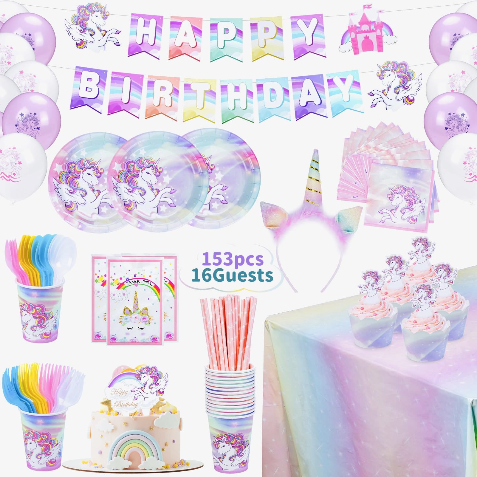 Cute Unicorn Birthday Decorations Kit for 16 Guests – 153 Pcs Party Supplies with Plates, Cups, Spoons, Forks, Napkins, Straws, Balloons, Banner, Tablecloth, Cake Toppers, Gift Bags & Unicorn Headband