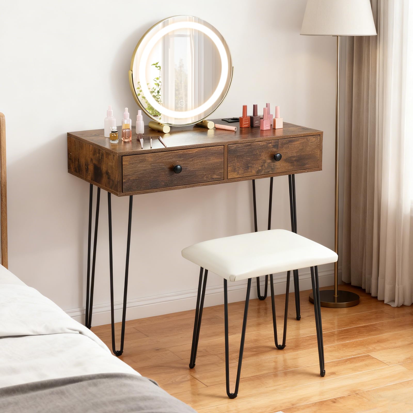 COSTWAY Toeletta Trucco con Specchio e Luci, Tavolo Trucco con Specchio Regolabile, Stazione di Ricarica Integrata, 2 Cassetti, Sgabello Imbottito, per Soggiorno Camera da Letto