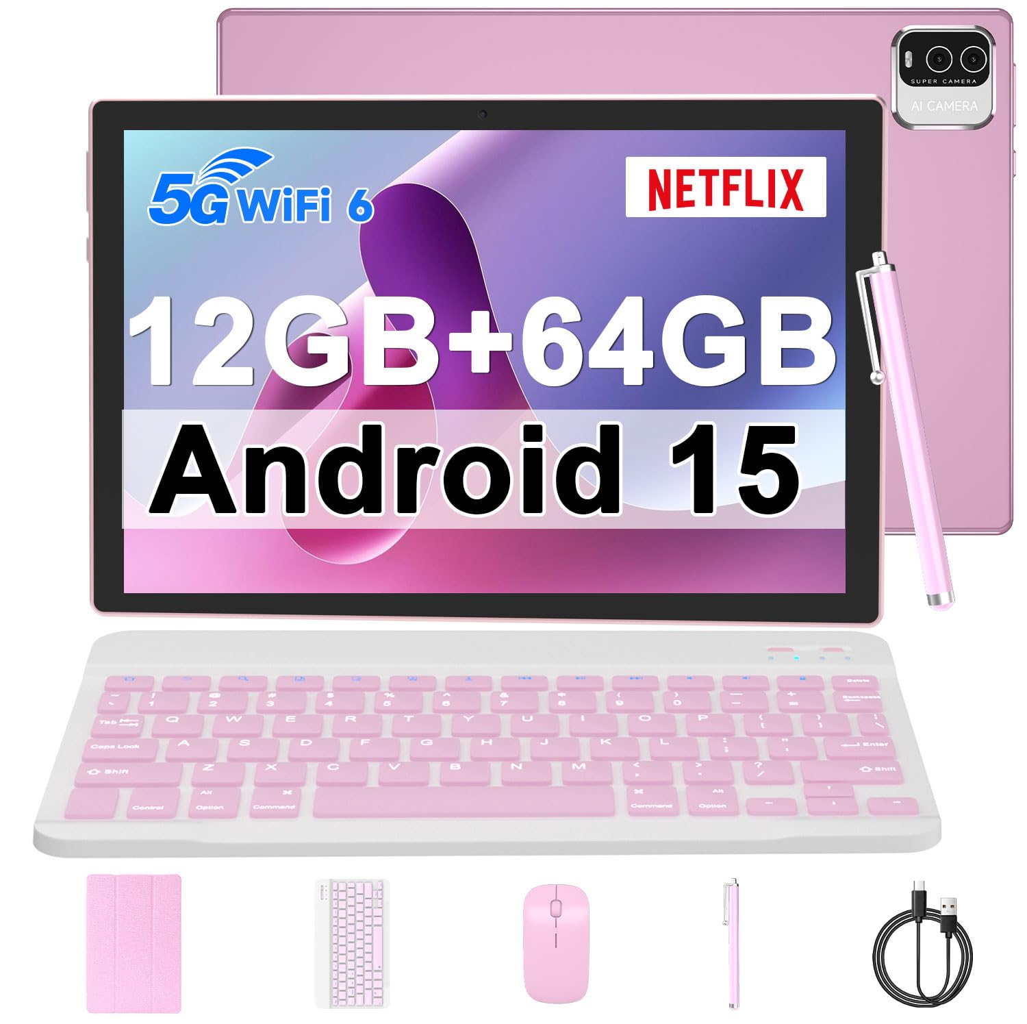 Android 15 Tablet, 10 inch 12GB RAM+64GB ROM/ 1TB Expansion, 1.8Ghz Quad-core Processor, 8MP Camera 6000mAh Battery, 1280*800 HD Touchscreen, 2 in 1 Tablets with Keyboard Case Mouse Stylus Pink