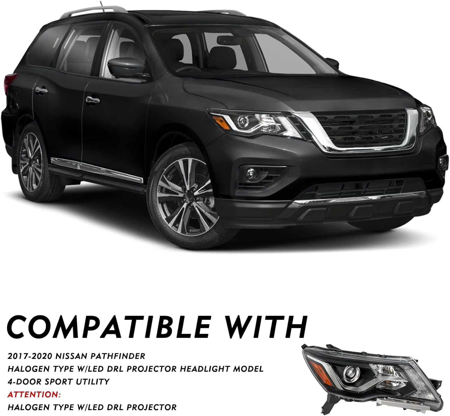 Headlights Fit for 2017 2018 2019 2020 Nissan Pathfinder Halogen Type w/LED DRL Projector Headlamps Right Passenger Side