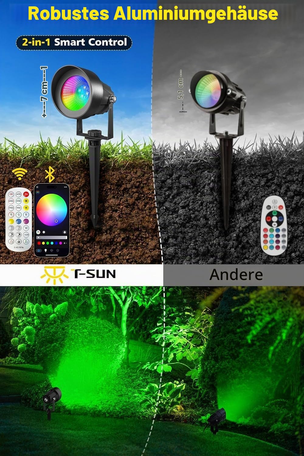 T-SUN RGB Gartenbeleuchtung LED mit Fernbedienung und App Steuerung, IP65 | Wasserdicht Gartenleuchten mit Strom, 16 Farben 44 Dynamische Modi RGB gartenstrahler für Außen, Rasen, Baum, Wegen(6 Stück)