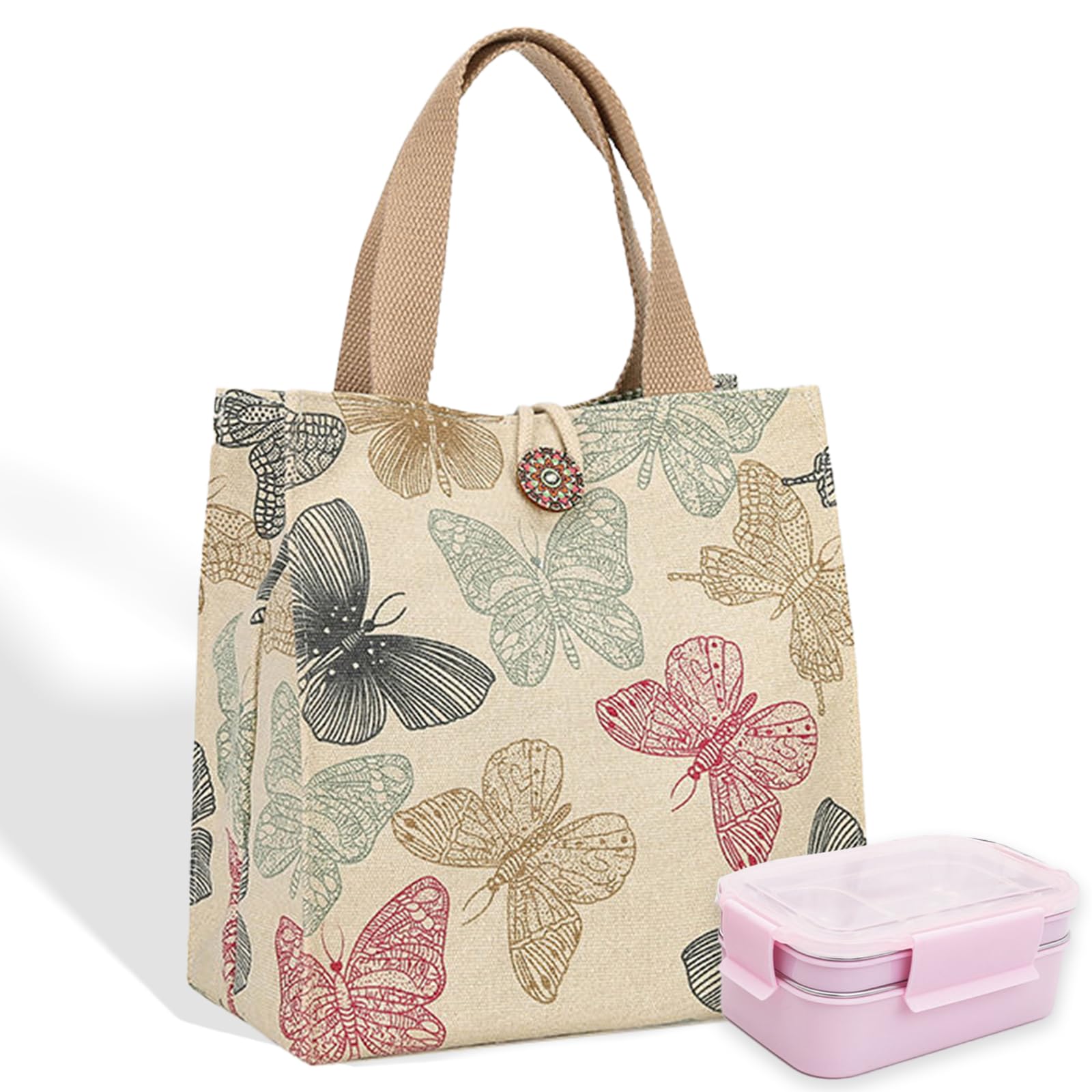 Sac à déjeuner, boîte à déjeuner en toile réutilisable, étanche, idéal pour les voyages, le travail et les pique-niques (blanc cassé)