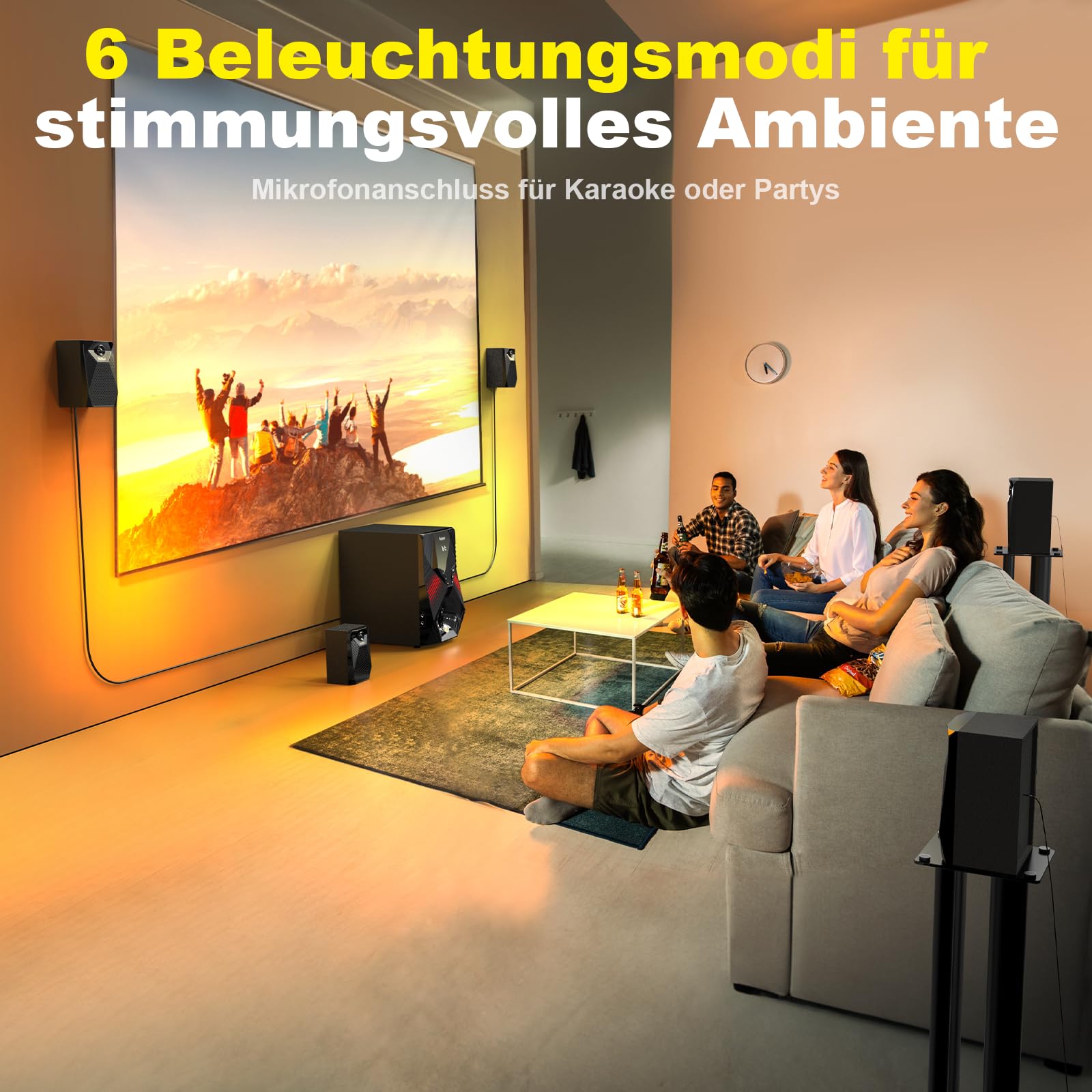 1000-W-Surround-System, 8-Zoll-Subwoofer, 5.1 soundsystem Heimkino, tiefen Bässen, ARC-Unterstützung, optischem Bluetooth-Eingang und Karaoke-Funktion US-zu-EU-Steckeradapter im Lieferumfang enthalten