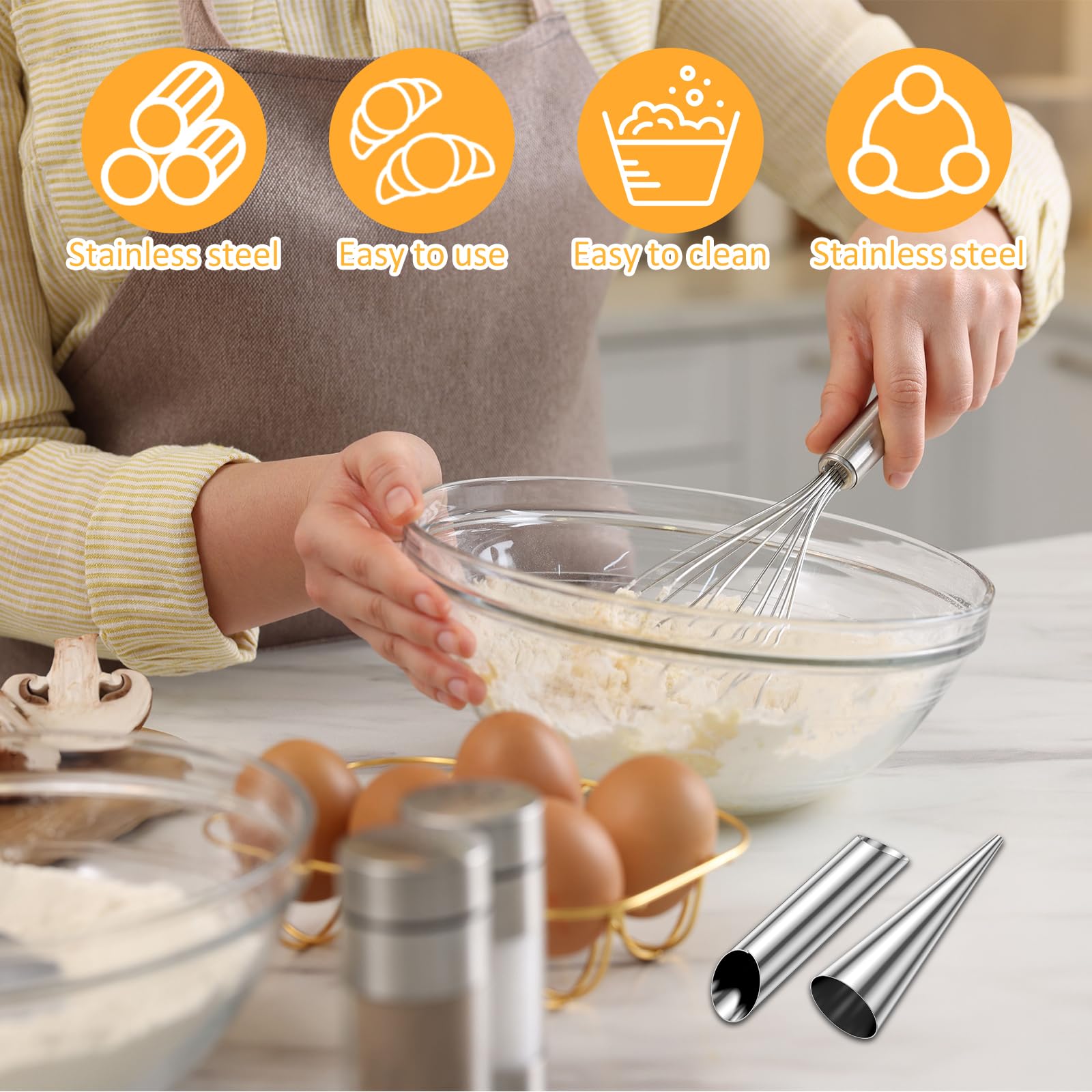 20pcs Cannoli Forms Tubes Kits,5 inch Non-stick Cream Horn Molds Stainless Steel,10pcs Cone Shaped and 10pcs Tubular Shaped Baking Molds for Danish Pastry Lady Lock Form,Cream Roll,Croissant (20pcs)