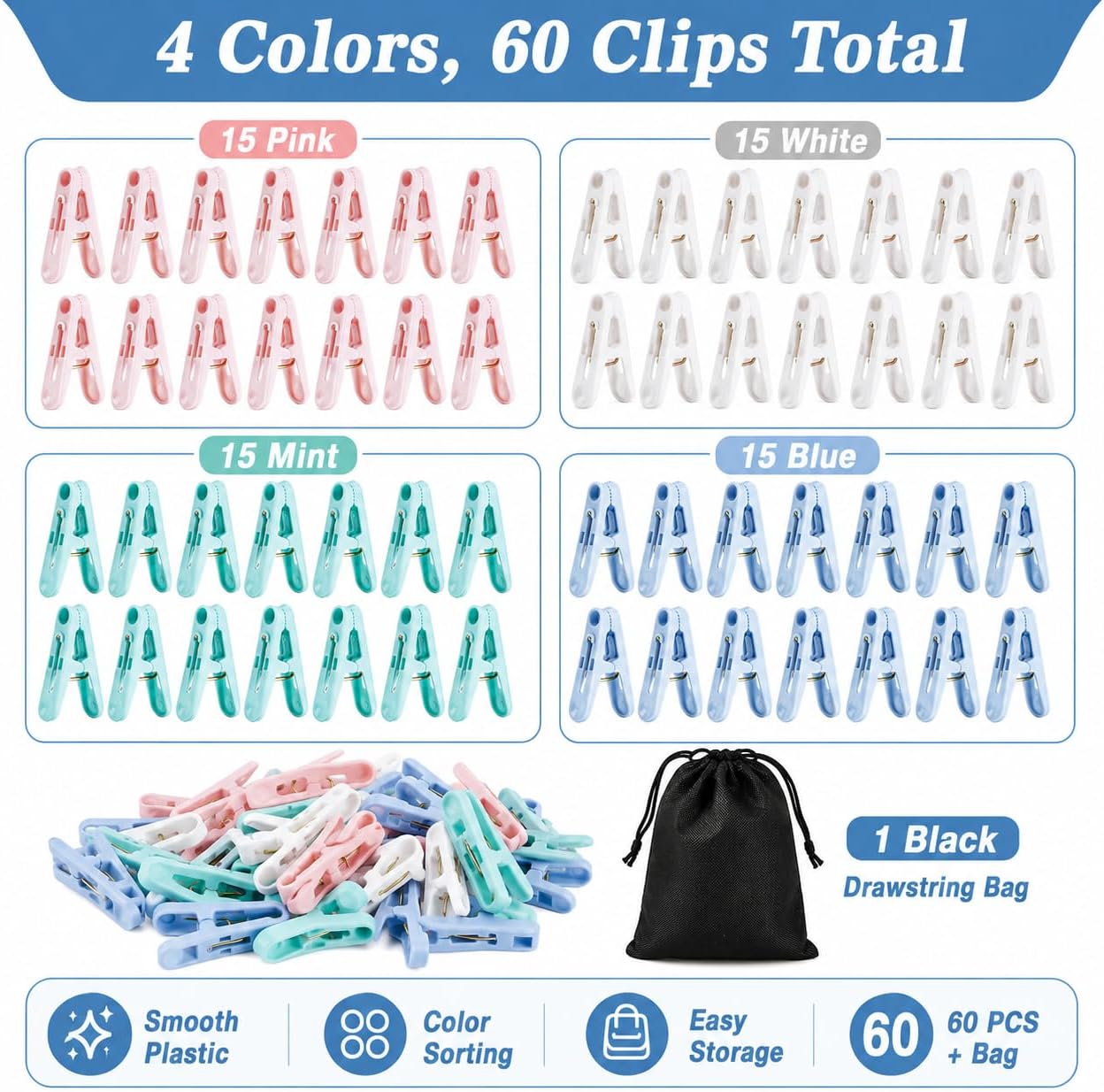 RAINFLOW 60 PCS Colorful Clothes Pins - 4 Colors Small Plastic Clothespins