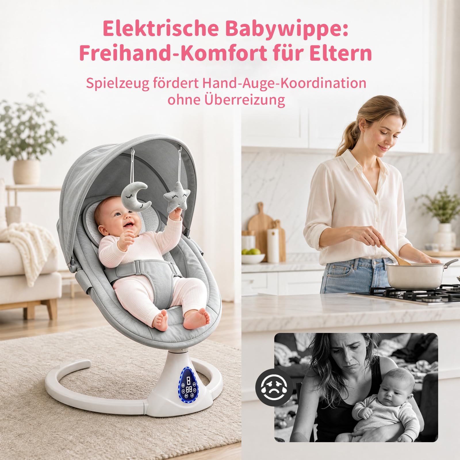 Elektrische Babywippe Schaukeln für Neugeborene, Baby Bouncer Newborn 0-6 Monate mit Weichem Stoff | Klappbarer Baby Rocker mit 5 Gängen, 3 Timer, Weichem Sitz, Bluetooth (Grau)