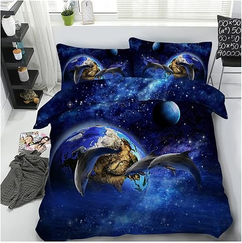 Hermoso juego de cama de galaxia azul oscuro de 3 piezas para niños, tamaño individual, tamaño King, con estampado de delfines y funda de edredón disponible en Yaxa Colombia