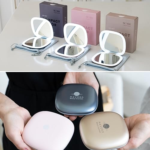 Miniatura 7 de Mavoro espejo de maquillaje de viaje con luz LED  aumento 1x10x  recargable USB-C  espejo compacto iluminado de viaje portátil para bolsillo y
