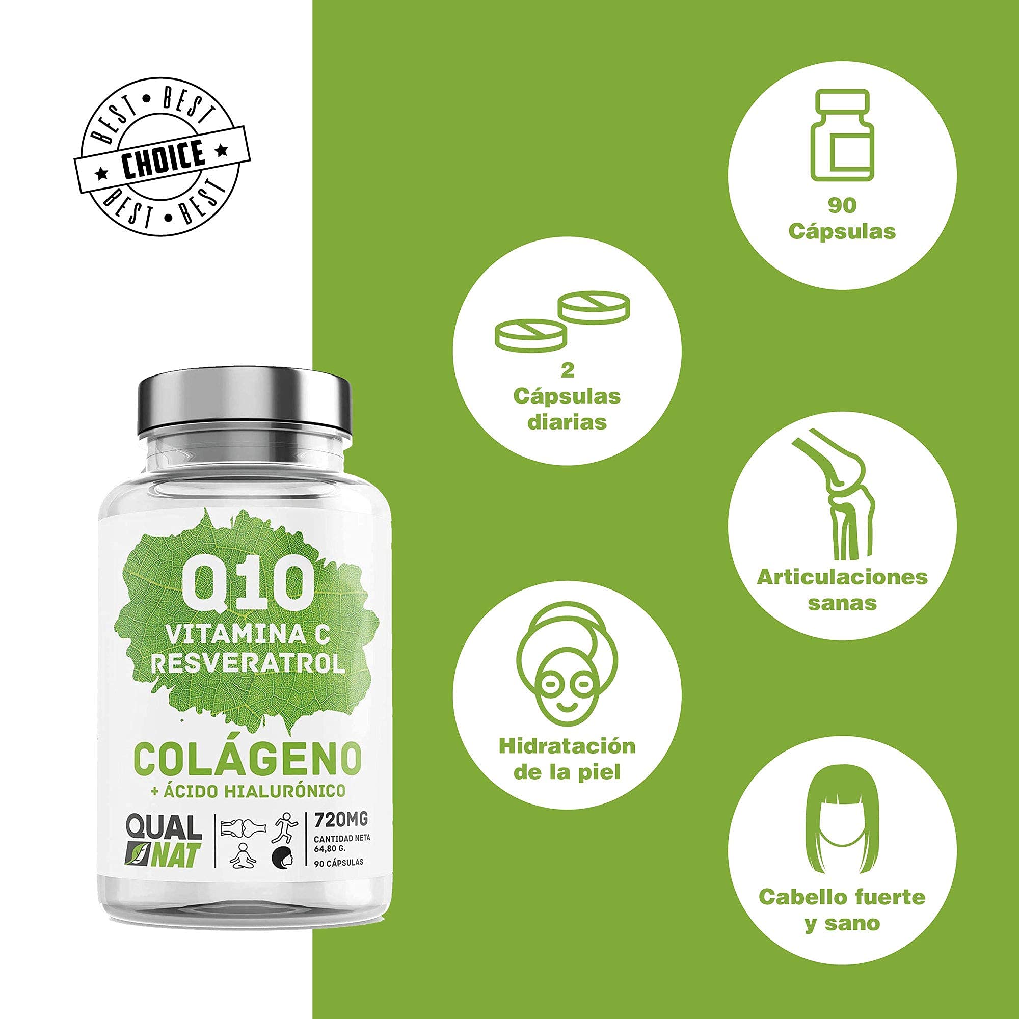 Coenzima Q10 con Resveratrol, Vitamina C, Colágeno y Ácido Hialurónico | Ayuda a Fortalecer Piel, Huesos y Articulaciones - Antioxidante - 180 Cápsulas- QUALNAT