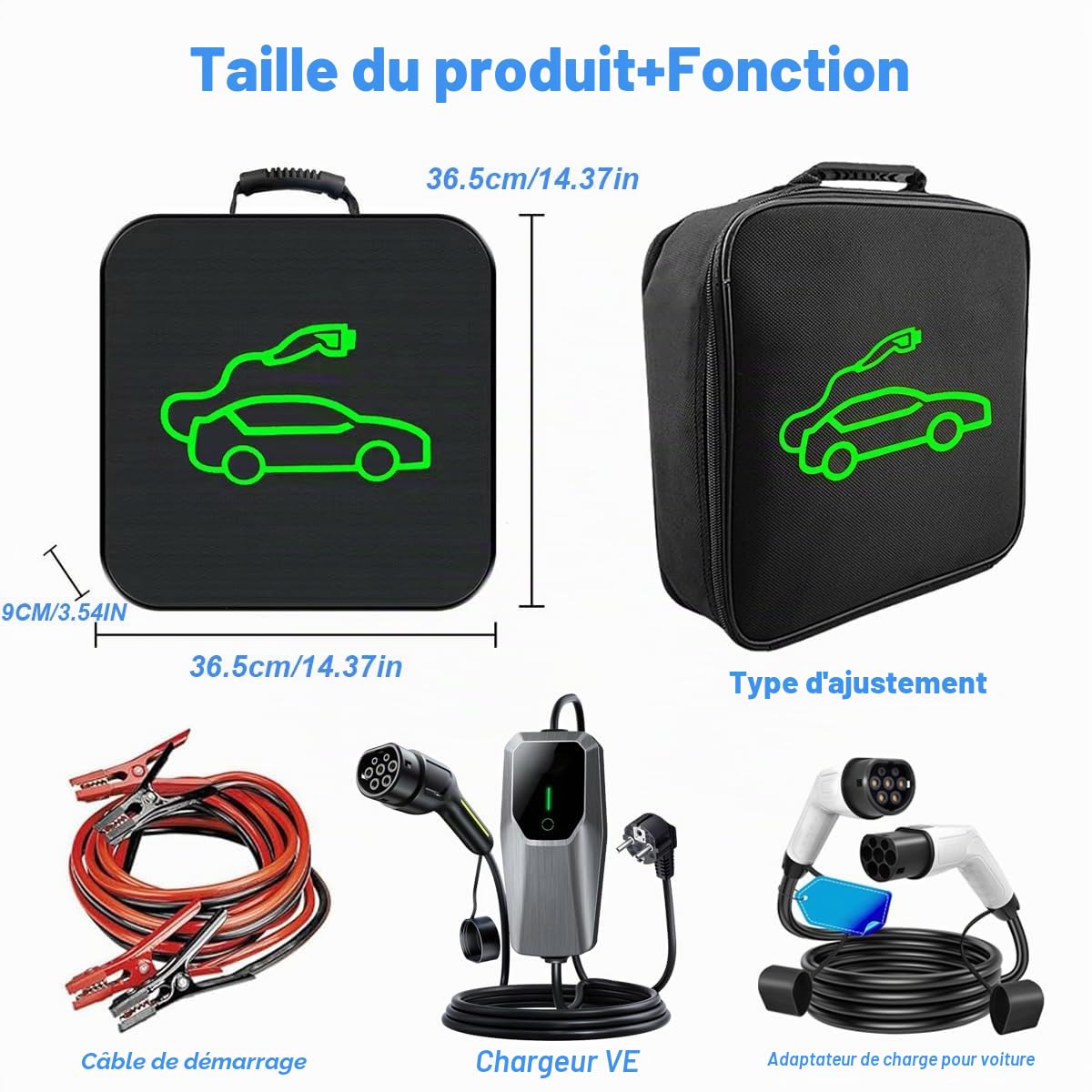 Sac de rangement pour câble de charge EV en nylon 1680D - Housse robuste pour câble de charge Type 1/Type 2 | Imperméable et résistant aux chocs | Idéal pour le coffre, le garage ou les voyages
