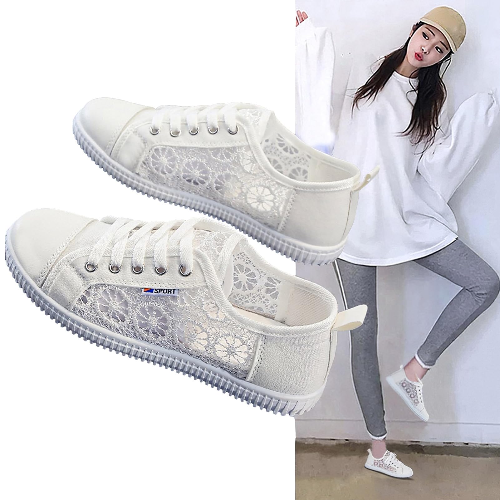 Femme Filles Été Broderie Dentelle Plimsolls Baskets à Lacets Maille Sneakers Chaussures