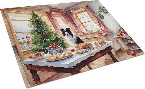 Miniatura 1 de Caroline's Treasures DAC3742LCB Border Collie Christmas Cookies Tabla de cortar de vidrio templado decorativo para cocina y servir tabla de cortar