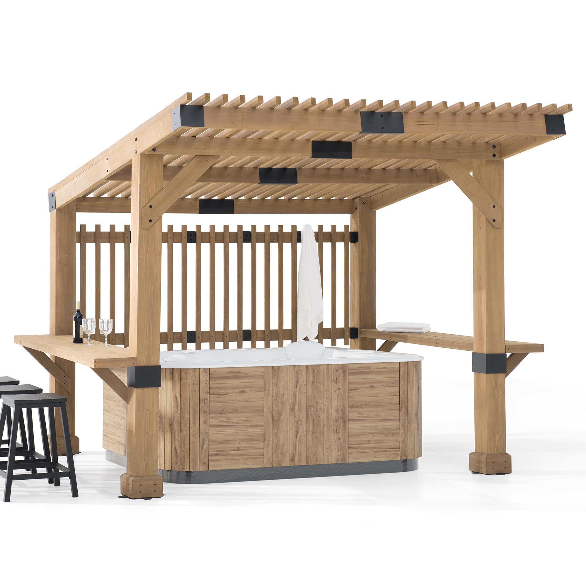 Sunjoy Wooden Grill Gazebo 10 ft. x 11 ft. Outdoor Cedar Frame BBQ Pergola for Backyard and Hot Tub With Privacy Screen and Large Bar Shelves
