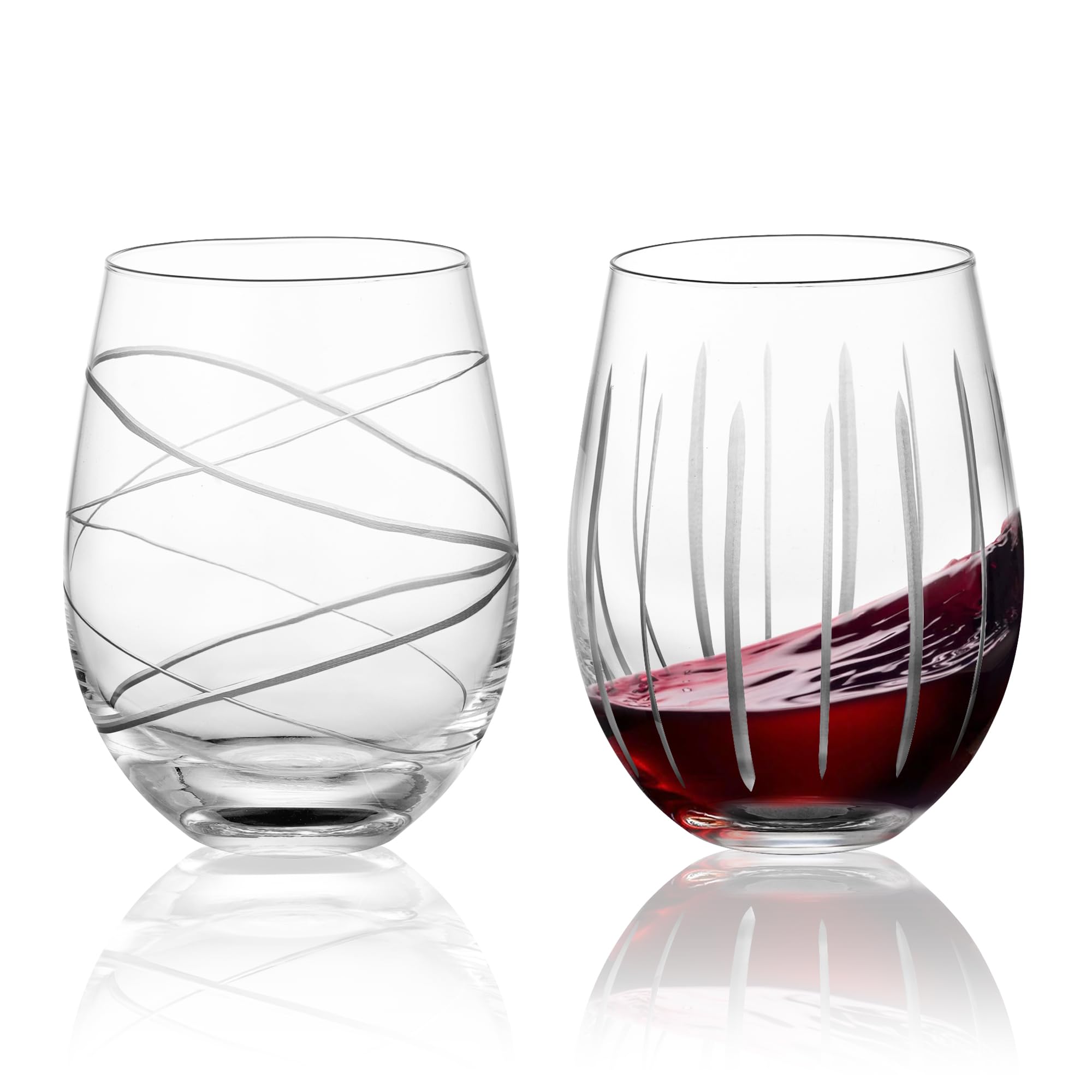 Joeyan Hand Blown Etched Stemless Wine Glasses for Red Wine,Large Carved Drinking Glass Cups Tumblers with Strips Swirls Pattern for Wedding Anniversary Party Home,Set of 2, 17.5 oz, Dishwasher Safe