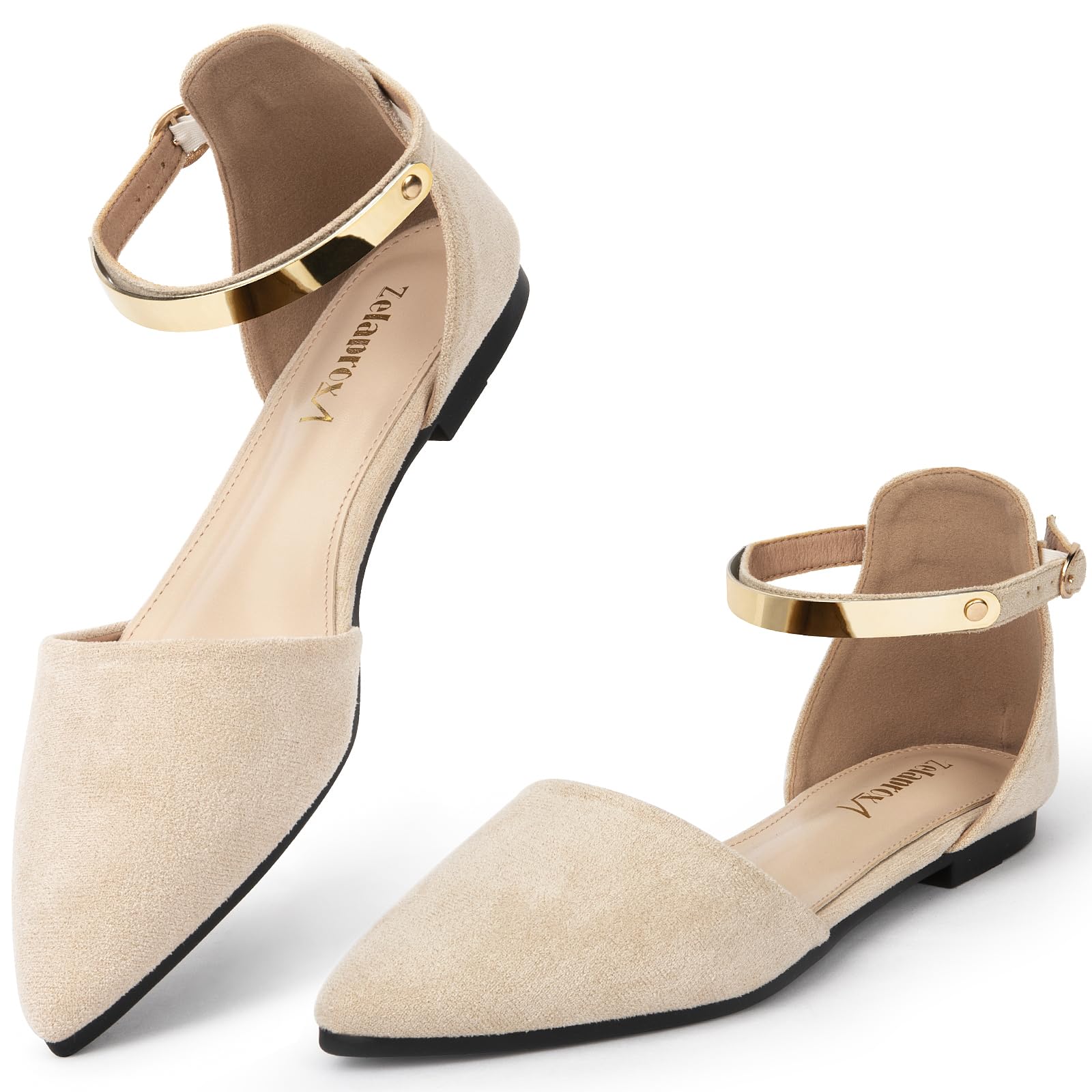 Zelaprox Women's Black Pointed Toe Flats Rhinestone Bow Ankle Strap Ballet Flats Comfortable Slip On Flats Light Weight Suede Dress Shoes