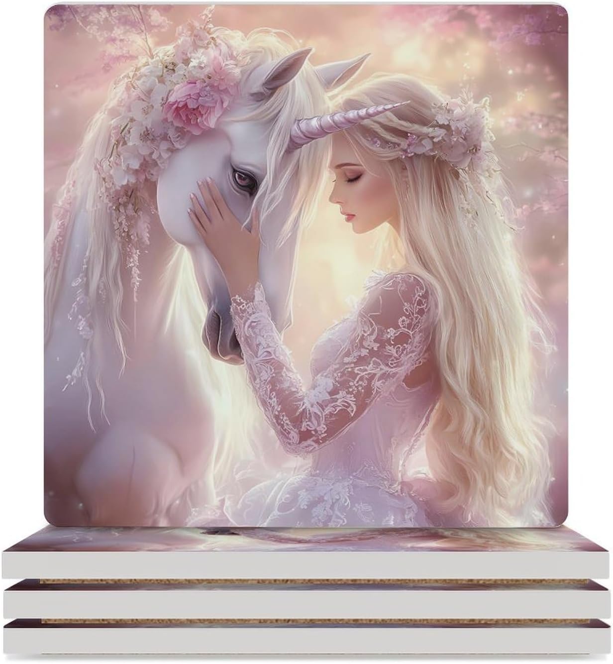 Beauty and Horse Funny Ceramic Coasters for Drink Absorbent Cup Holders Tabletop Protection