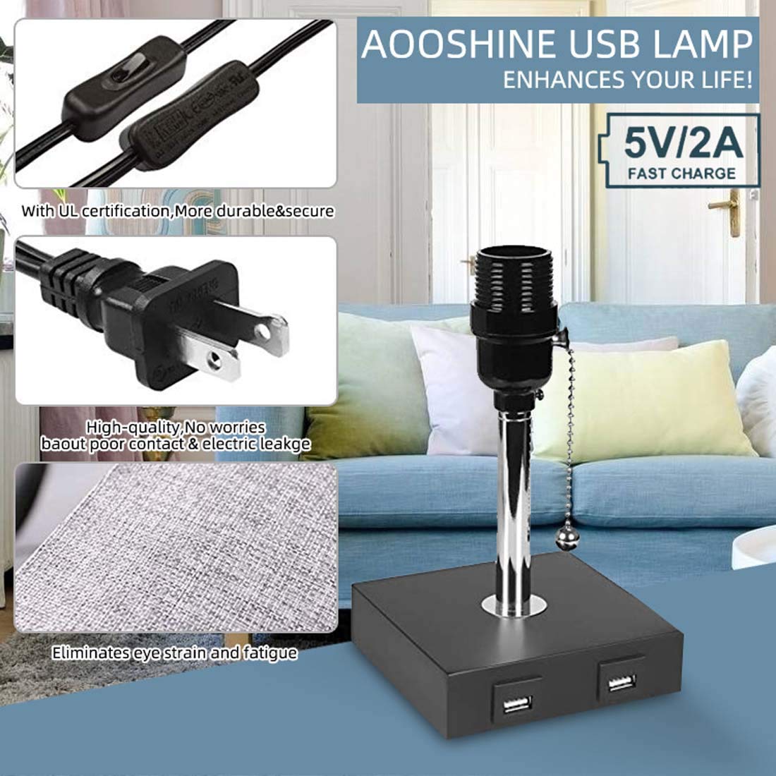 Lampa stołowa USB, lampka nocna z podwójnym portem ładowania USB, lampa biurkowa z abażurem z tkaniny Wygodny łańcuszek do sypialni, salonu, biura (zestaw 2 szt.)