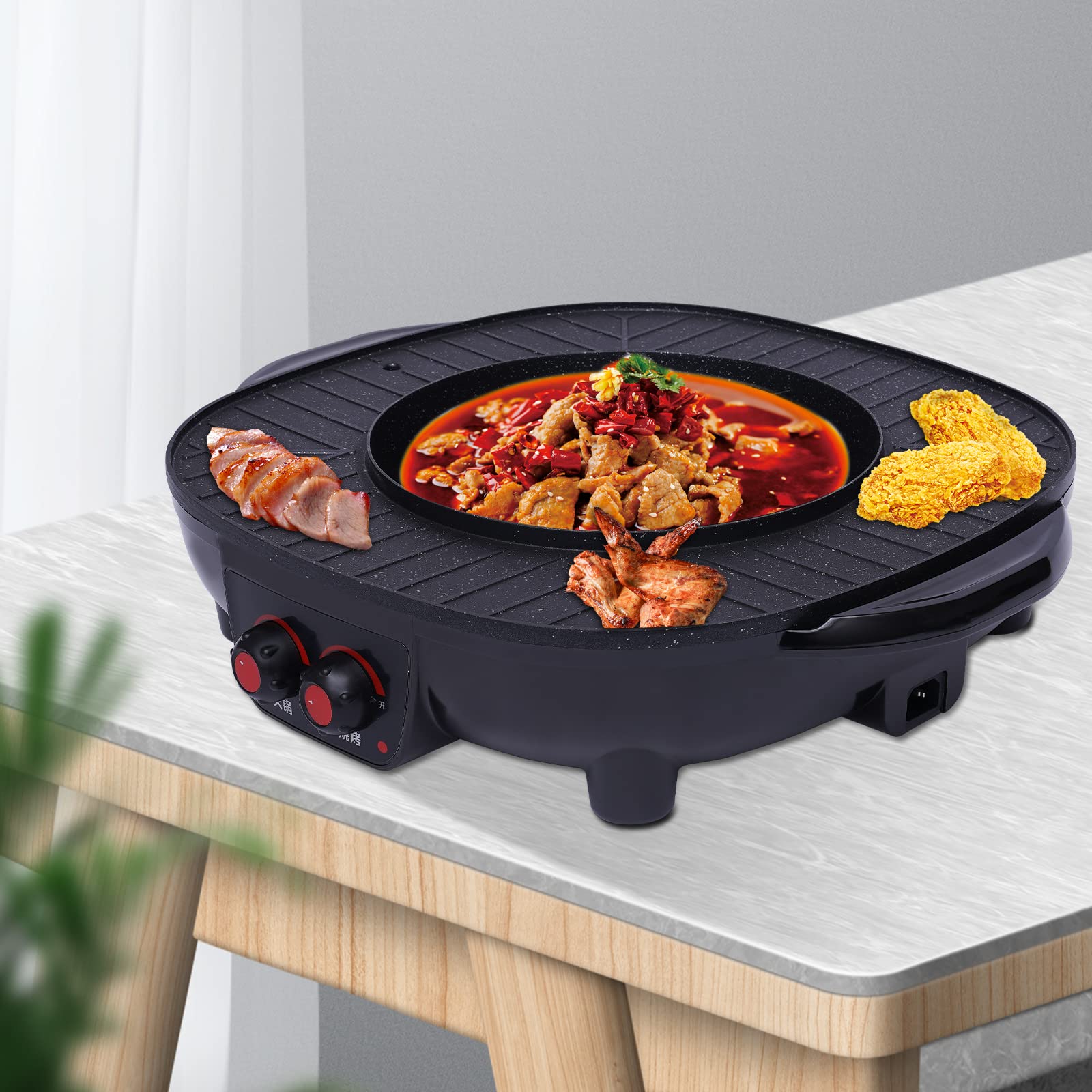 Pot de Fondue Party Food et Gril de Table Électrique Hot Pot et Gril Électrique 2 en 1 - Gril BBQ Coréen Électrique d'Indoor - Barbecue - Fondue - Raclette Pour 5-6 Personnes - 220V - 2000W