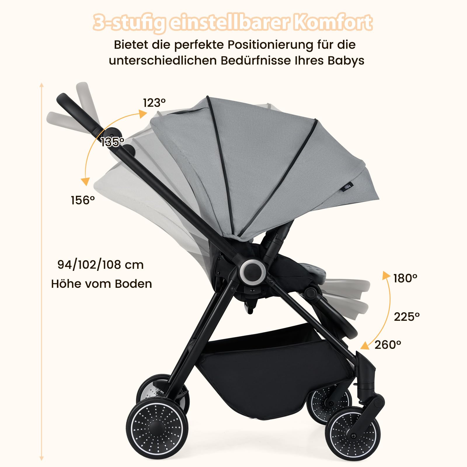 COSTWAY Kinderwagen faltbar mit umkehrbarem Sitz, Reisebuggy mit verstellbarer Rückenlehne, Griff, Sonnendach & Fußstütze, Babywagen Kinderbuggy mit Aufbewahrungskorb für 0-3 Jahre (Grau)