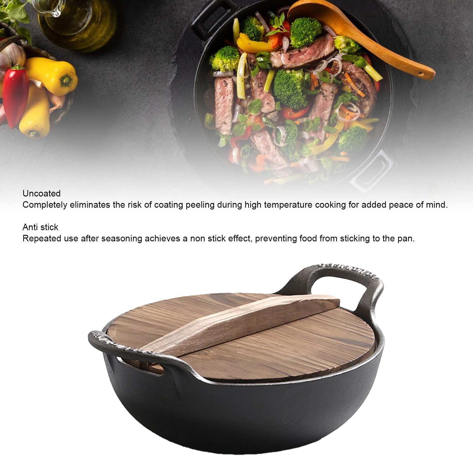 Wok in Ghisa con Doppio Manico, Coperchio in Legno, Pentola per Stufato Pre-stagionata Non Rivestita, Pentole in Ghisa per Piano Cottura a Induzione, 12,6x3,9 Pollici (32 cm / 12,6 pollici)