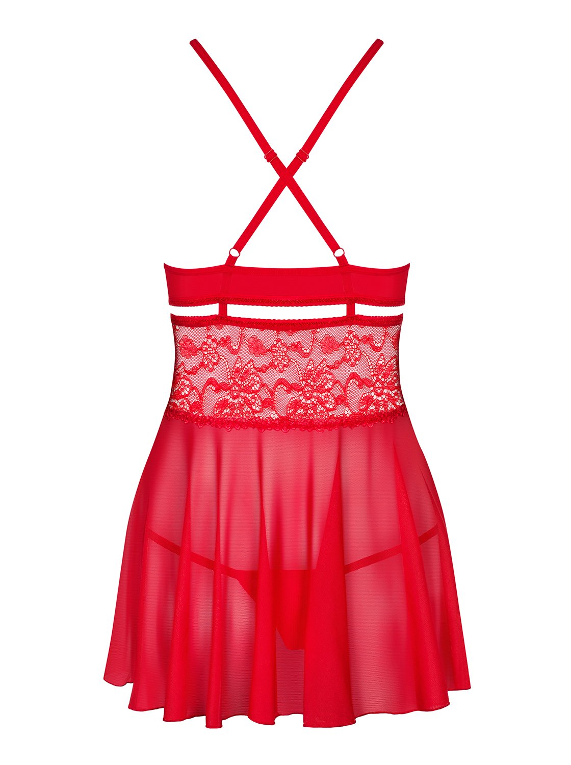 Obsessive. Damen Dessous Reizwäsche Babydoll Hemdchen Negligee in rot transparent mit Bänder sowie Netz und String Größe: L/XL