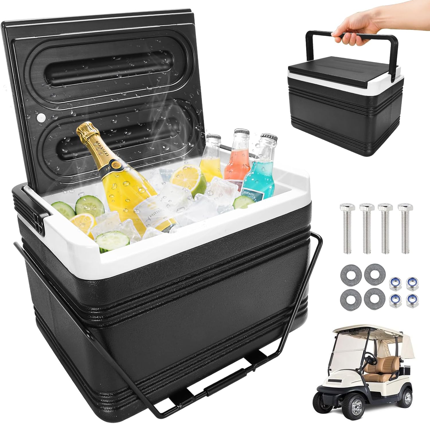 Universal Golf Cart Ice Cooler, Portable 8L Ice Box Compatible with EZGO/Club Car/Yamaha, Allow 48 Hrs Fresh, Ice Chest Box, for Drinks, Camping, Beach, Fishing