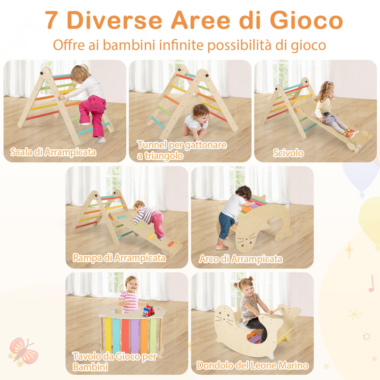 COSTWAY 7 in 1 Set di Arrampicate per Bambini, Arrampicatore Pieghevole in Legno con Scivolo Reversibile, Dondolo e Arrampicata, Tavolo e Tunnel, per Bambini 3-14 Anni (Colorato)