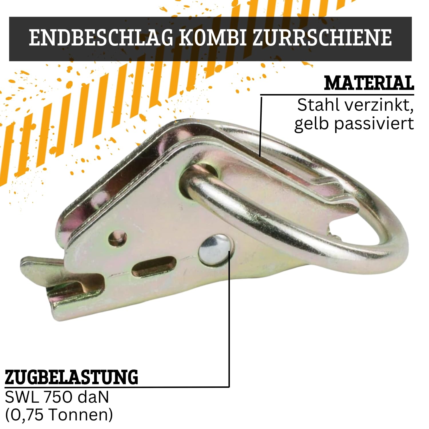Produktbild von Safetytex Endbeschlag Für Kombi-Zurrschiene – 64 Mm Ring, 1,5 T Bruchlast, Verzinkt Gelb, 10 Stück