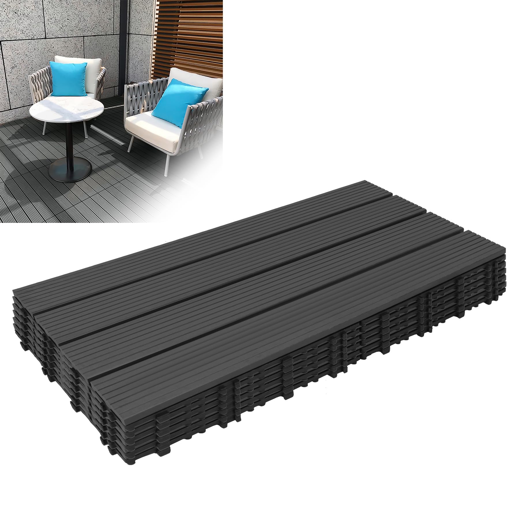 Froadp WPC Revêtement de sol Extérieur, 60x30cm Dalles de Terrasse Set, Carreaux de Jardin Imperméable avec Système de Drainage, Carrelage Clipsable Antidérapants pour Balcon(2m², Anthracite)