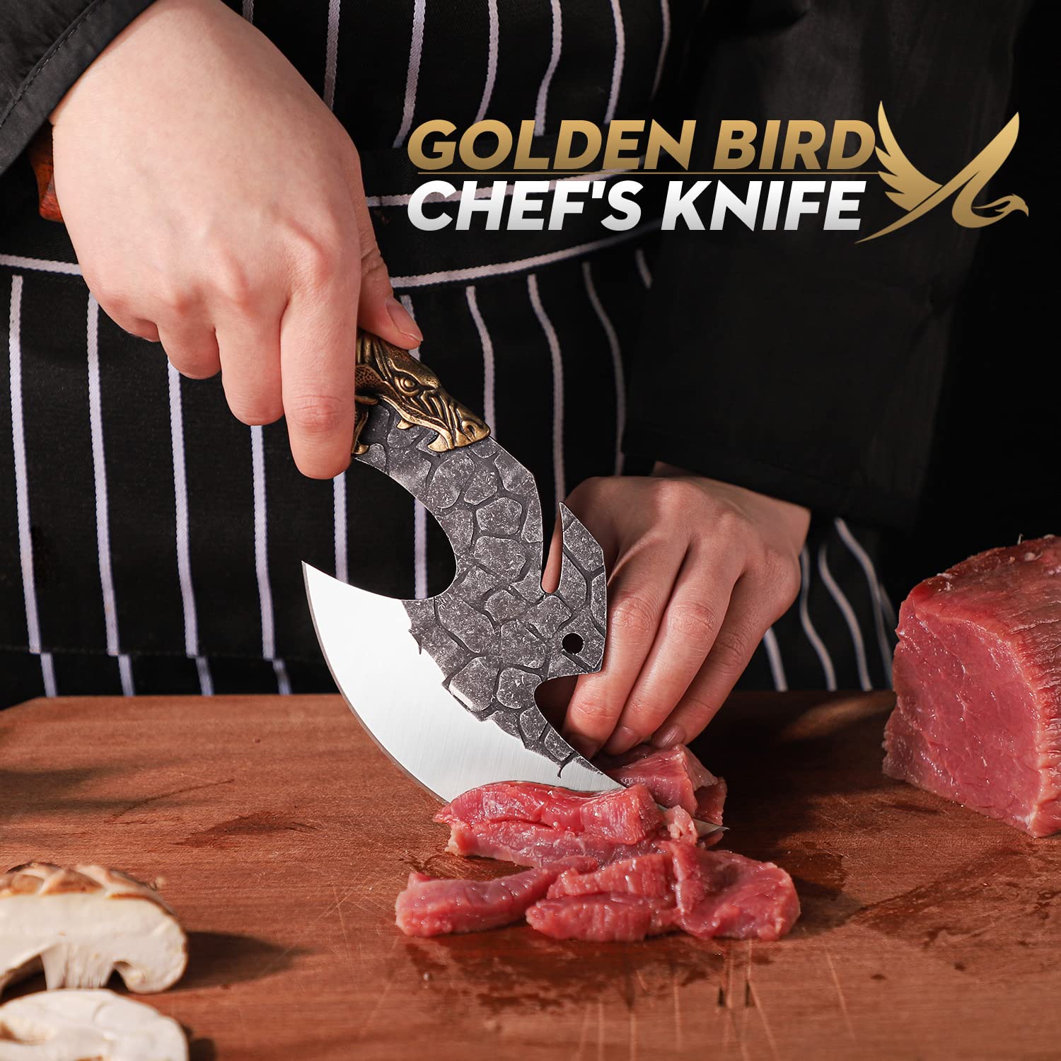 Golden Bird Cuchillo de deshuesar forjado a mano con funda de PU para BBQ Camping