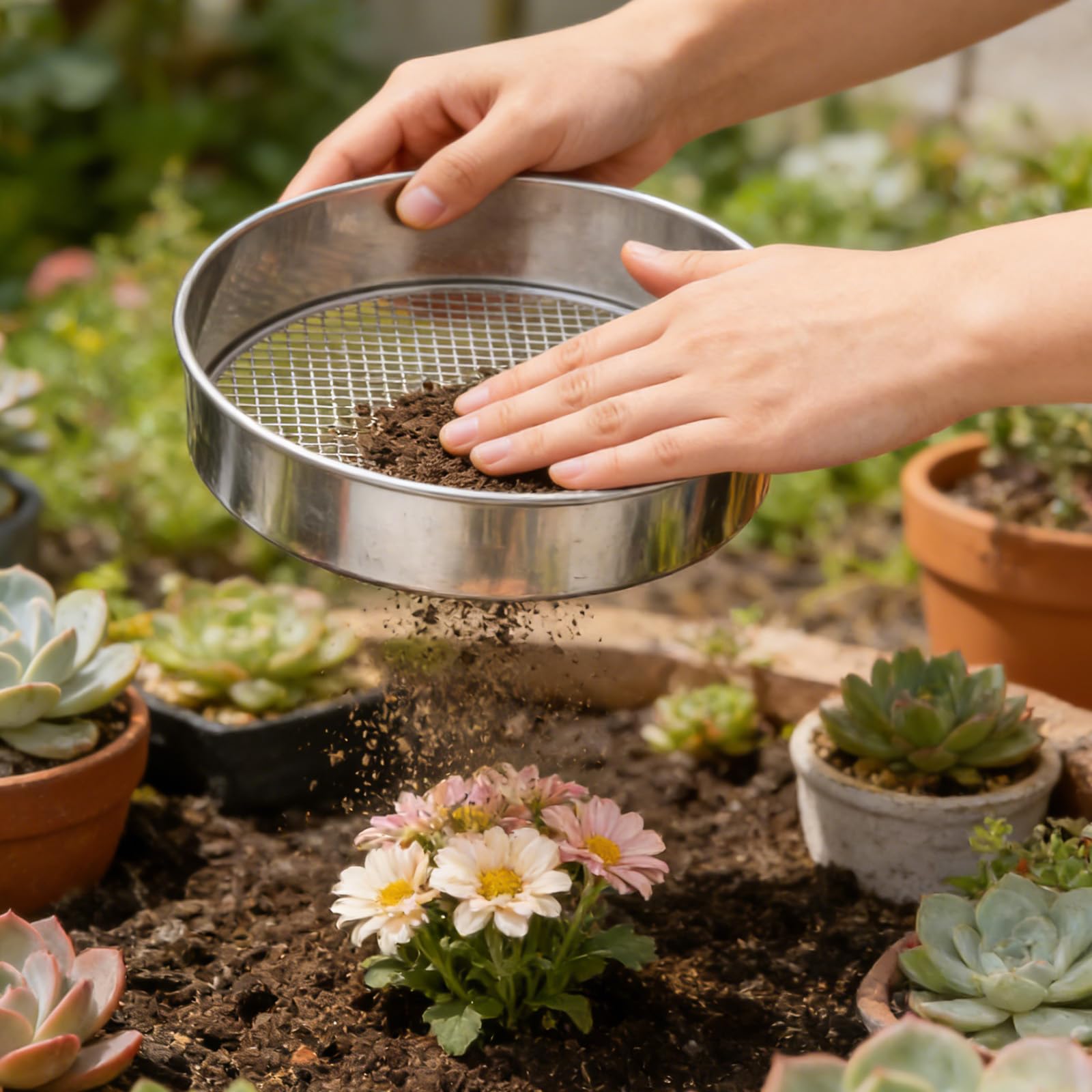 GOMETY Colador de jardín de acero inoxidable 5 en 1, redondo, 20 cm, colador de compost con 5 tamices intercambiables de 1/3/6/9/12 mm, colador de suelo para tierra, compost, arena, semillas