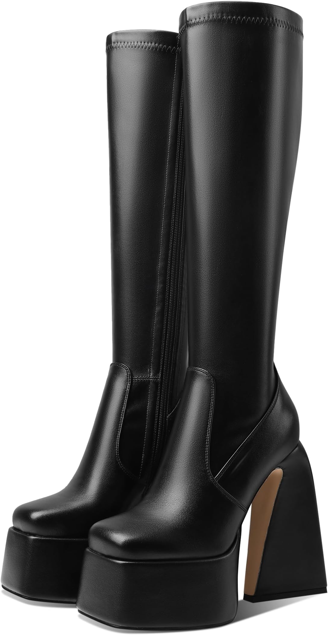 Mattiventon Chunky Heel Platform Boots for Women Stretch Knee High Mid Calf Boots Block High Heeled Combat Boot