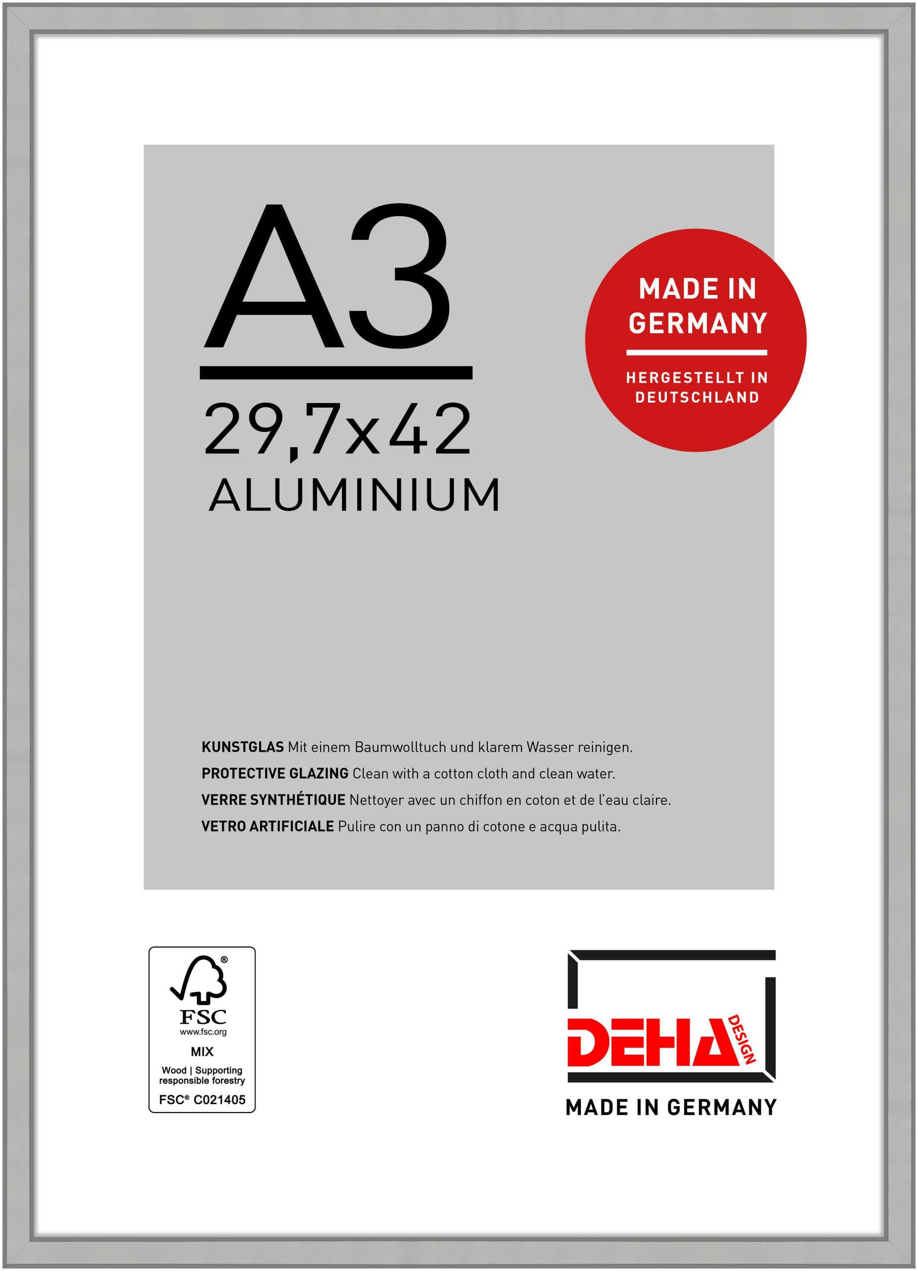 Deha Design Frosted Silver Boston Aluminium Picture Frame - A3 (29.7X42 Cm) – - With Synthetic Glass And Push/Turn Clips