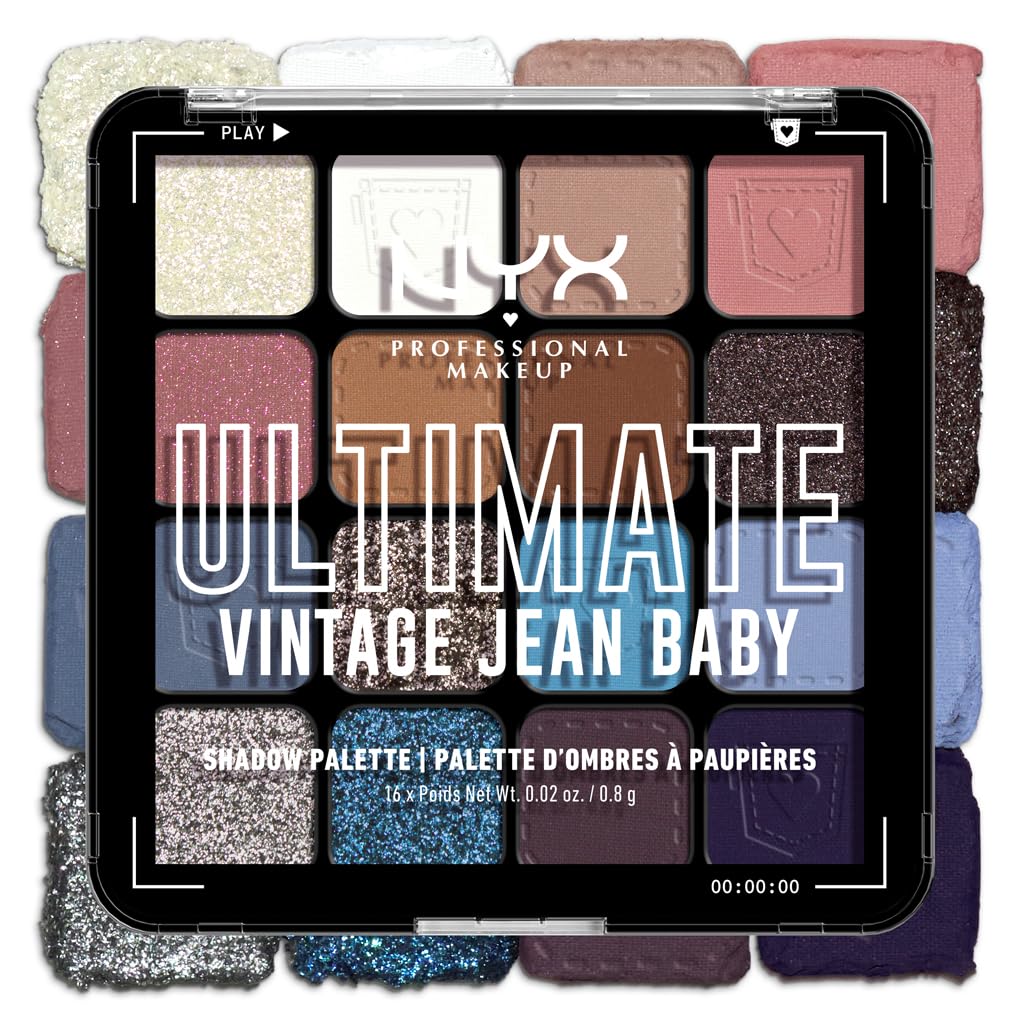 NYX Professional Makeup Palette Ombretti Ad Alta Pigmentazione, Texture Setosa, Finish Matte, Brillante e Metallizzato, 16 Colori, Formula Vegana*, Ultimate Shadow, Vintage Jean Baby