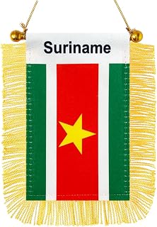 JBSJBS Suriname Hanging Flag Mini Small Surinamese Car Window Flags Banners Rearview Mirror Décor Suriname Flags with Suction Cup Golden Fringed Double Sided 3 X 5 Inch