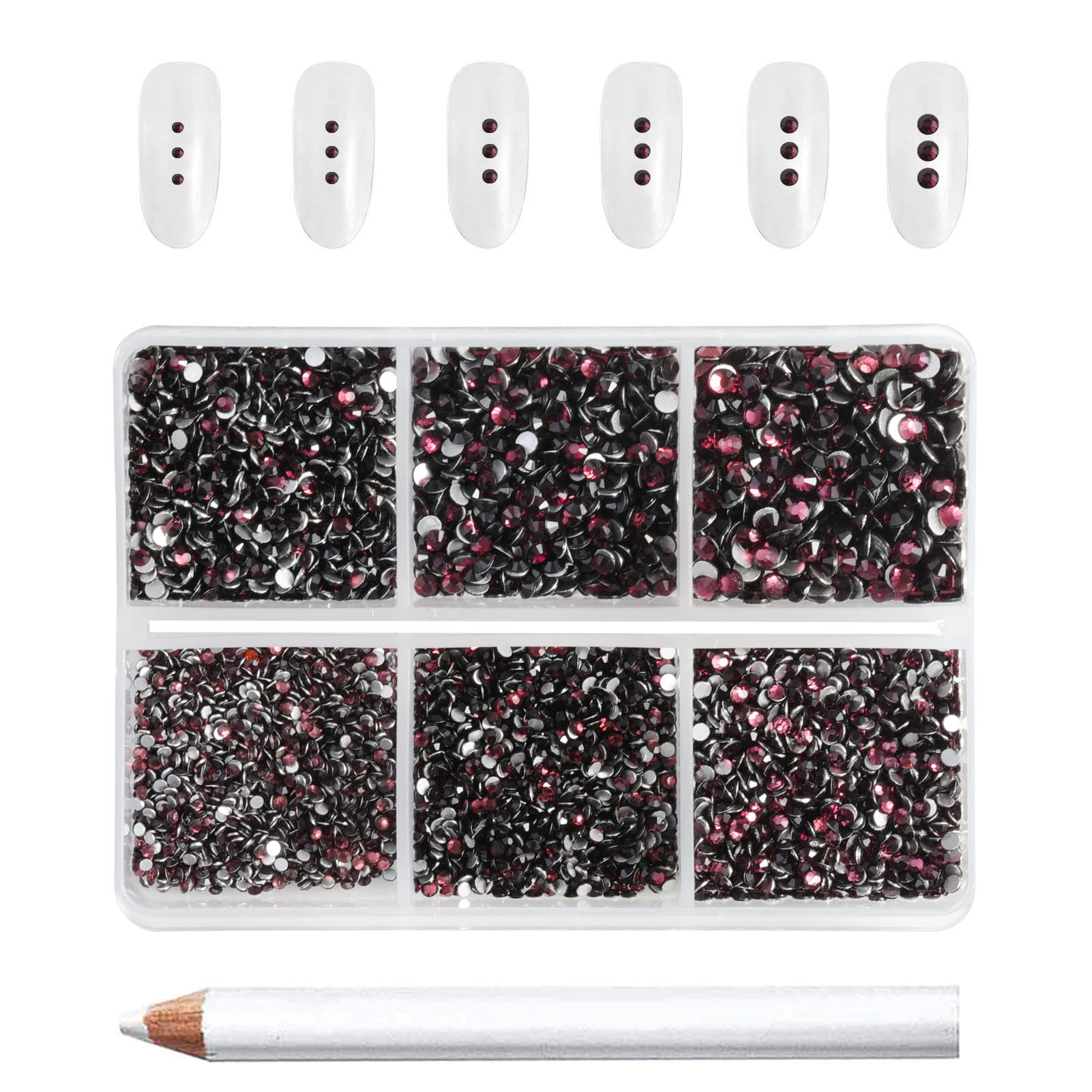 Beadsland 7200 Pcs Flatback Rhinestones for Nails,Burgundy Round Small Crystal Rhinestones Gems for Crafts,Mixed 6 Sizes with Wax Pencil Kit,SS3-SS10,Amethyst