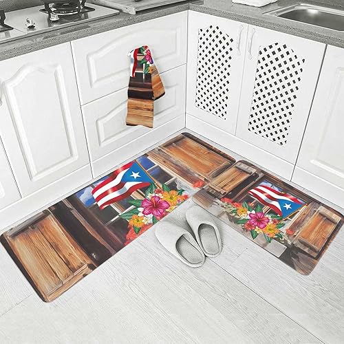 Miniatura 2 de Alfombras y tapetes de cocina con diseño de flor de hibisco con bandera de Puerto Rico, 2 piezas, tapete de madera para casa, cómodo,