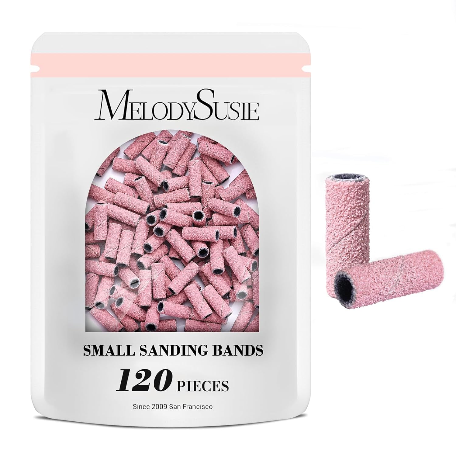 MelodySusie 120 Stück Schleifhülsen für Nagelfräser Bits (3,1-mm-Mandrel) – 180 Feinkorn-Schleifbänder für Acrylnägel/Gel-Maniküre/Pediküre (rosa)