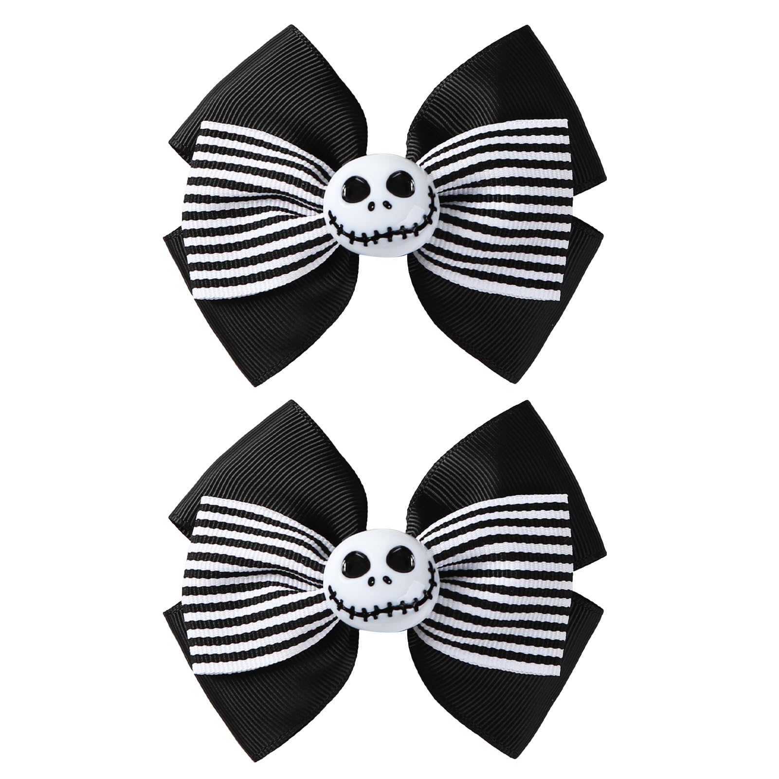 2Pcs Ghost Skull Hair Bows Black White Striped Ribbon Hair Clip Christmas Halloween Accessories Party Decorations