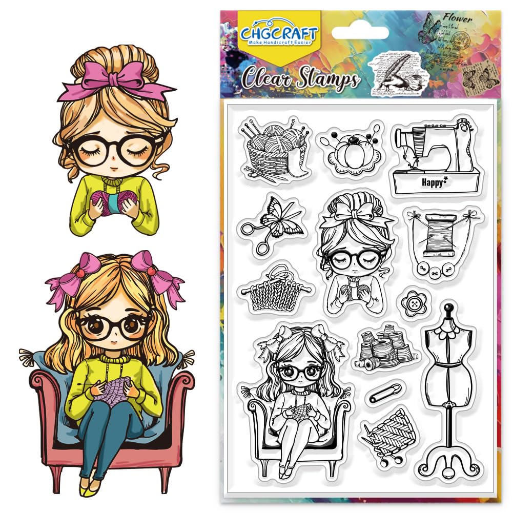 CHGCRAFT Girl Clear Stamps Thread Paper Clip Transparent Silicone Stamps Butterfly Clear Stamp Seals Silicone Stamps for Card Making Decor Scrapbooking Album Decor Paper DIY Craft