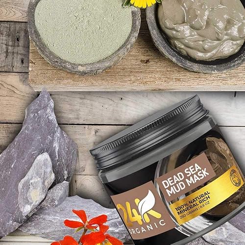 Miniatura 7 de Máscara orgánica de barro del Mar Muerto 24K para cara, cabello y cuerpo, 100% natural y orgánico, limpiador de piel profunda, aplicador de cepillo