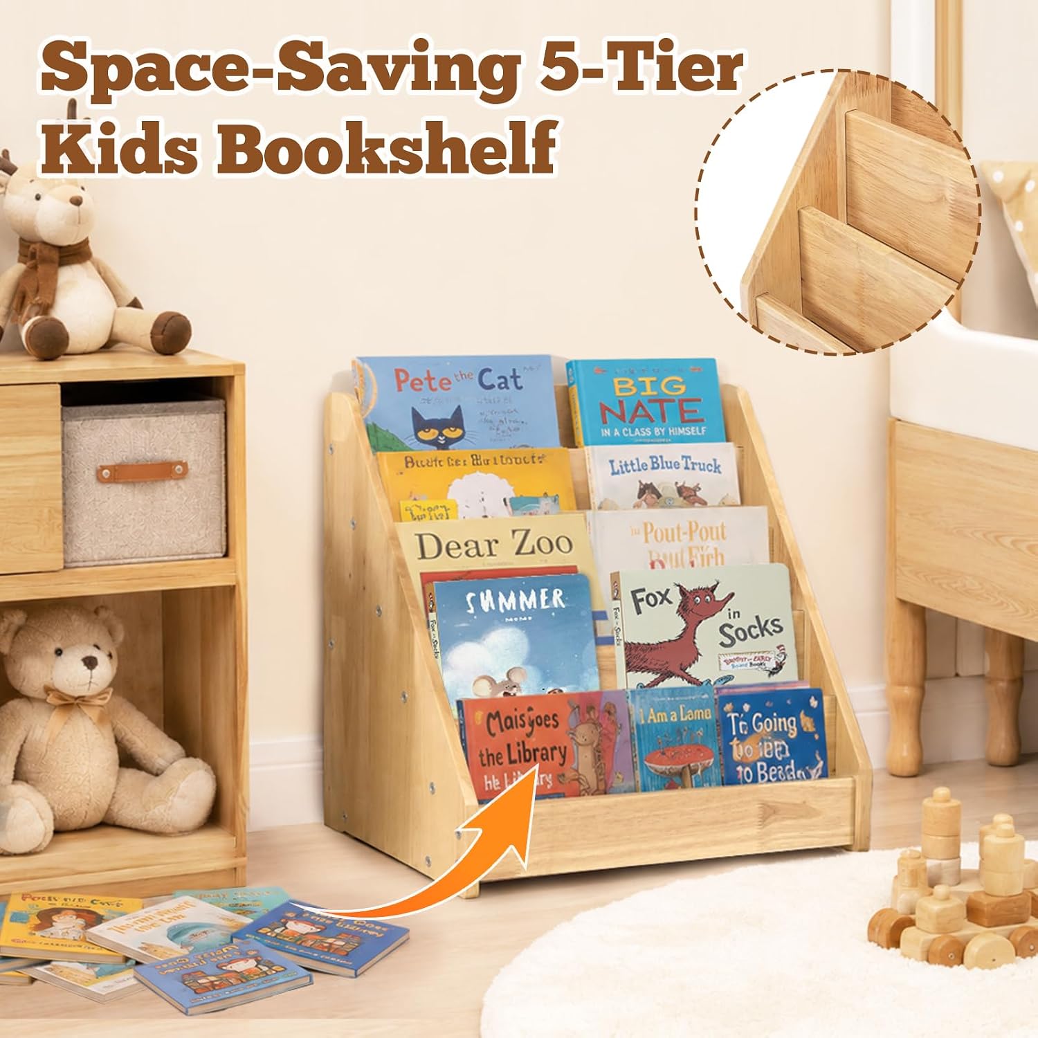 5-Tier Rubber Wood Kids Bookshelf, Montessori Toddler Bookcase, Wooden Book Organizer for Nursery Playroom Classroom, 16.34" x 15.75", Natural