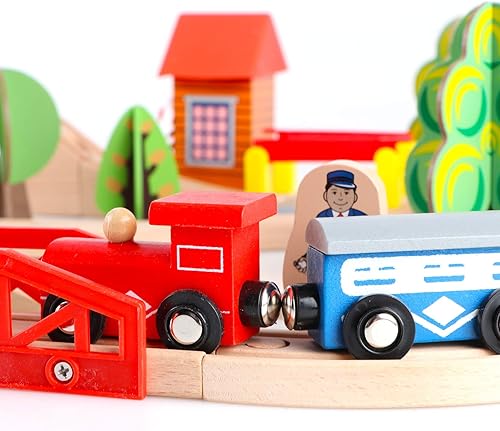Miniatura 6 de Qilay Juego de 69 piezas de tren de madera juguetes de tren de madera de primera calidad para niños pequeños de 3 4 5 años juguetes de tren