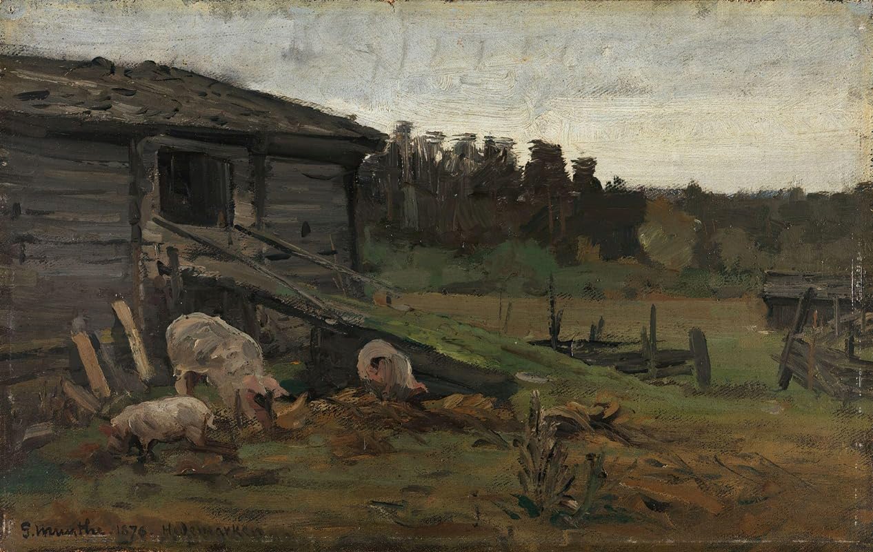 Świnie na moście stodoły (1876) plakat wydruk Gerharda Munthe (24 x 36)