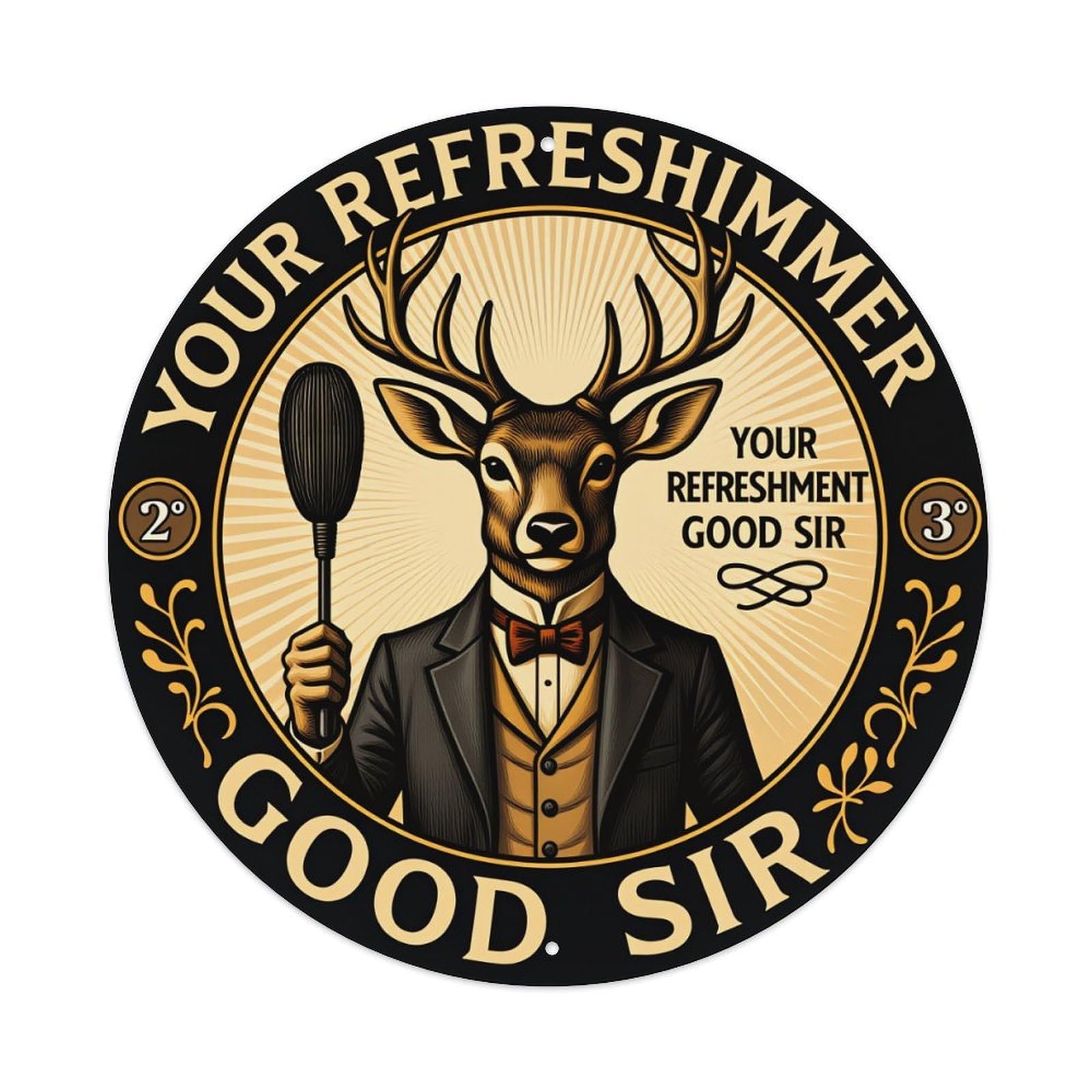 Deer In Suit Holding Fan Round Tin Sign Vintage Style Metal Sign Home Bar Garden Wall Plaque Decor Metal Poster 8x8 Inch