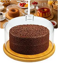Boleira Porta-Bolo de Bambu Com Tampa de Acrílico Cúpula | Perfeito Para Armazenar Seus Bolos e Tortas | 30cm Diâmetro
