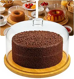 Boleira Porta-Bolo de Bambu Com Tampa de Acrílico Cúpula | Perfeito Para Armazenar Seus Bolos e Tortas | 30cm Diâmetro