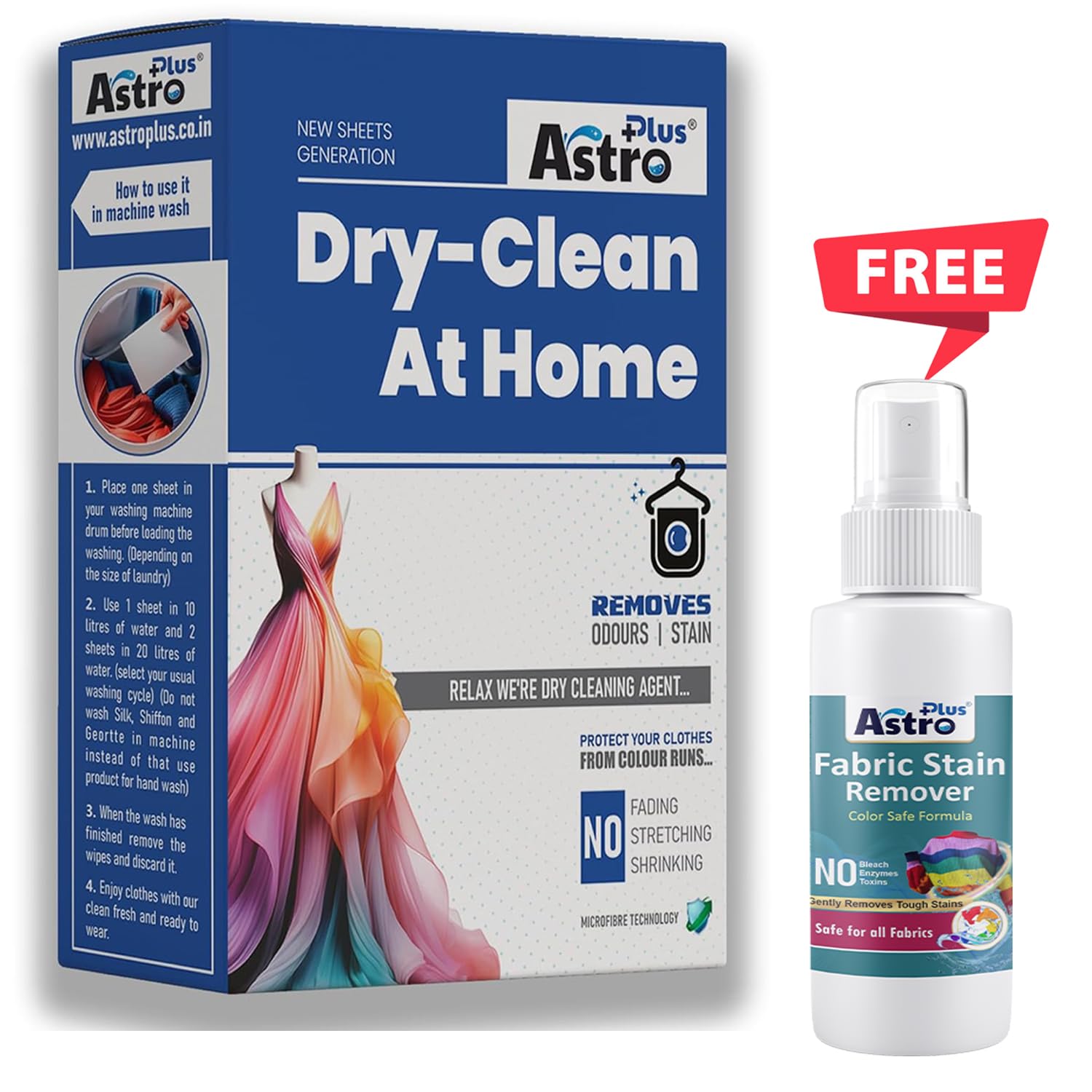 ASTRO PLUS+ Cloths Dry Clean at Home Liquid Wipes | Cleaning Technology for Silk Saree and Chiffon Cotton Georgette Linen and Woolen (10 Wipes) | Get Free Fabric 100ML Stain Remover