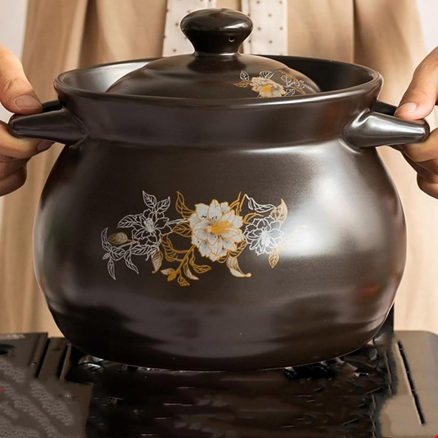 Ceramic Casserole Pot with Lid Black Ceramic Cooking Pot Earthenware Pot Round Stew Pot Steam Pot Chinese Clay Pot for Cooking for Restaurant Home Kitchen Decoration,5.0L